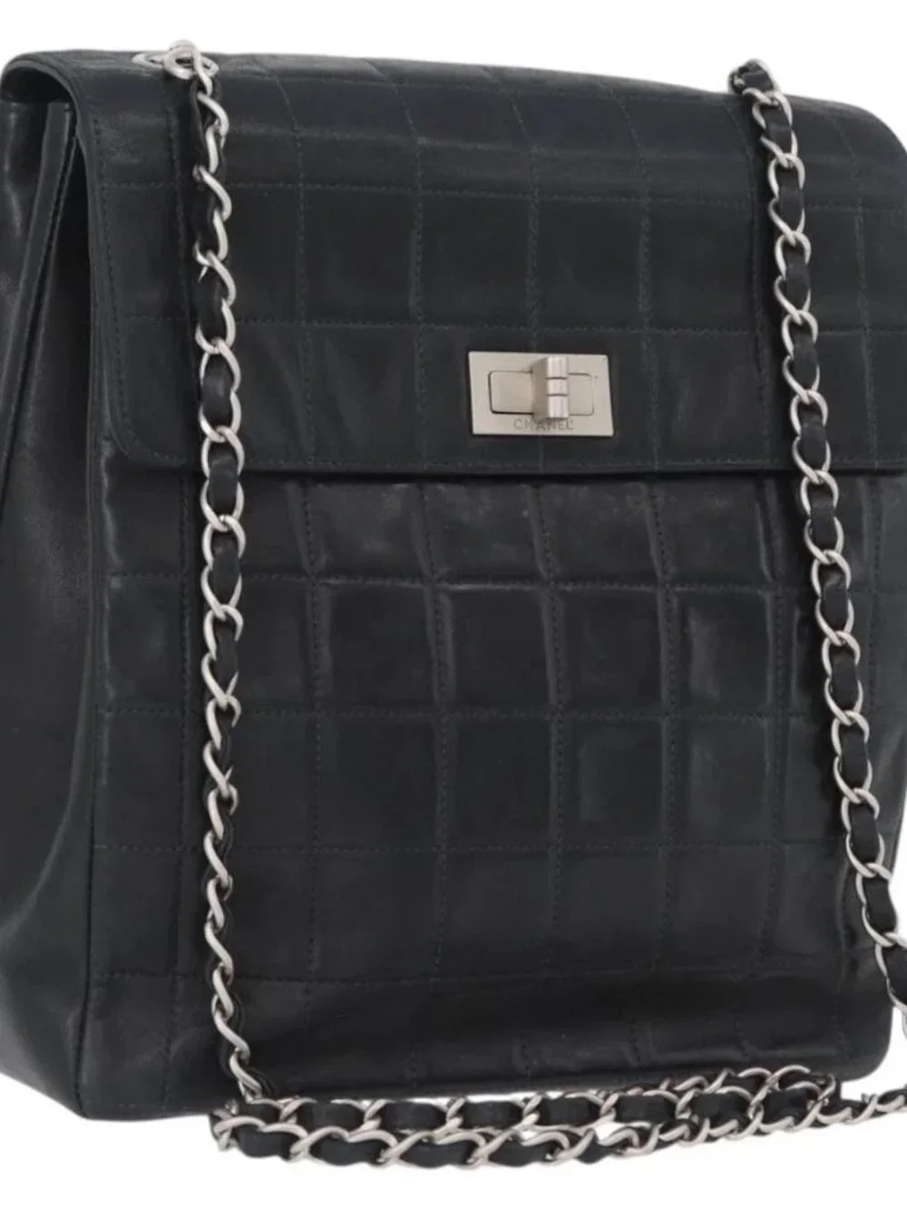 CHANEL Choco Bar Chain Shoulder Bag Lamb Skin Black Silver CC Auth bs33473